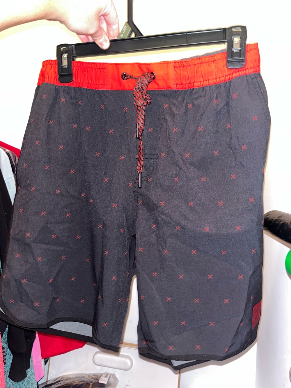 DIXXON Black Swim Board Shorts with Red Waistband